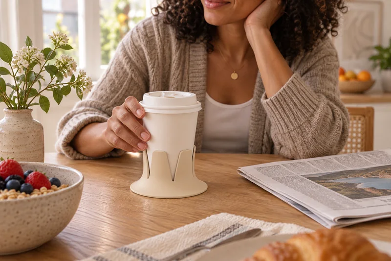 Adult breakfast nook newspaper paper coffee cup with sipping lid on oak table beside hand. AI lifestyle illustration.
