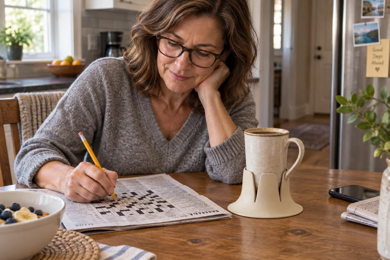 Adult doing morning crossword at kitchen table with open high-handled narrow-base ceramic coffee mug in Steadi on clear table space outside writing arm's path. AI illustration.