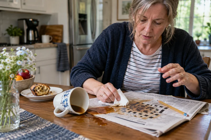 Reaching for pencil catches coffee; it soaks crossword and newspaper edge. AI illustration.